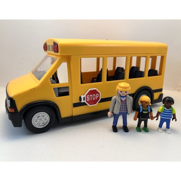 2011 Playmobil School Bus Yellow Flashing Lights Stop Sign PM 5940 3 Figures Kid - Picture 1 of 11